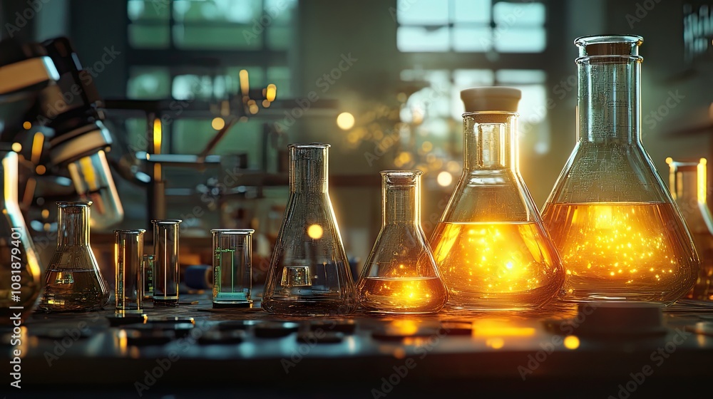 A close-up of various glass laboratory flasks filled with glowing liquids, creating a warm, scientific atmosphere. A close-up of various glass laboratory flasks filled with glowing liquids, creating a warm, scientific atmosphere.