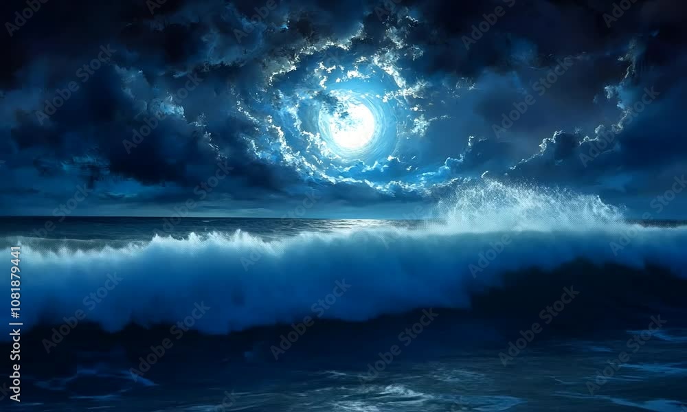 A serene night scene depicting a luminous moon surrounded by dramatic clouds over a turbulent ocean, creating a tranquil yet powerful atmosphere. A serene night scene depicting a luminous moon surrounded by dramatic clouds over a turbulent ocean, creating a tranquil yet powerful atmosphere.