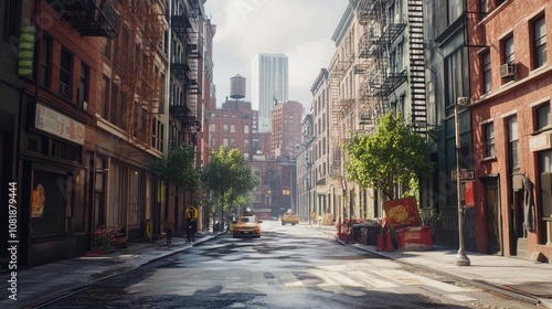 A vibrant urban street scene featuring a yellow cab, brick buildings, and lush trees under a bright sky.