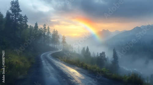 Morning mist over a winding road in the mountains with a rainbow forming above, sunlight creating a magical atmosphere, vibrant rainbow colors against the misty backdrop, peaceful and calming,