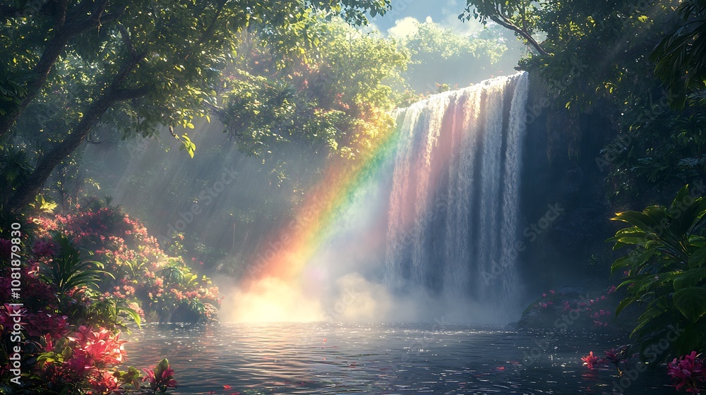 Rainbow arching across a misty waterfall in a tropical forest, lush green leaves framing the scene, sunlight creating a magical glow, vibrant and serene, photorealistic style, cinematic hdr effect, Rainbow arching across a misty waterfall in a tropical forest, lush green leaves framing the scene, sunlight creating a magical glow, vibrant and serene, photorealistic style, cinematic hdr effect,