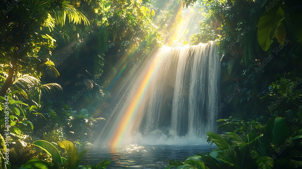 Rainbow arching across a misty waterfall in a tropical forest, lush green leaves framing the scene, sunlight creating a magical glow, vibrant and serene, photorealistic style, cinematic hdr effect, Rainbow arching across a misty waterfall in a tropical forest, lush green leaves framing the scene, sunlight creating a magical glow, vibrant and serene, photorealistic style, cinematic hdr effect,
