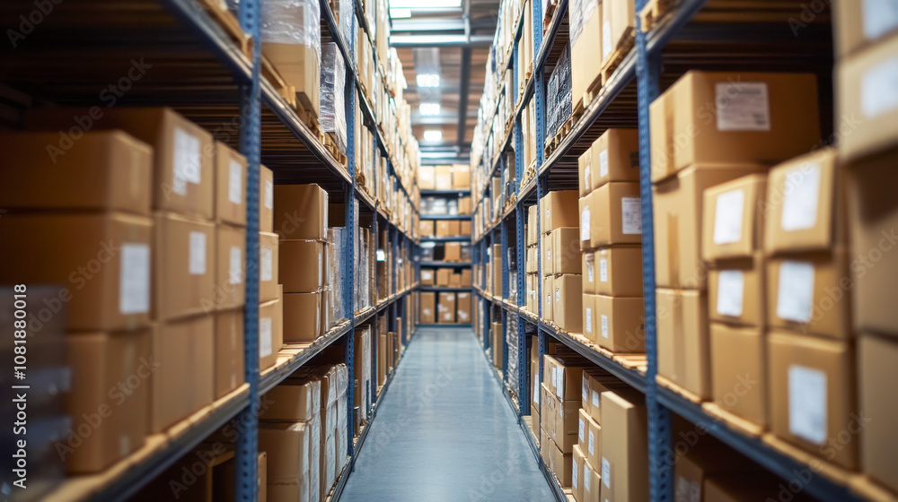 Warehouse aisles filled with stacked cardboard boxes and organized shelves Warehouse aisles filled with stacked cardboard boxes and organized shelves