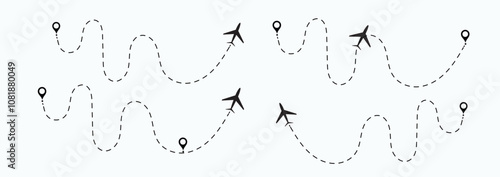  plane flight route. Airplane travel concept, symbol on isolated background.