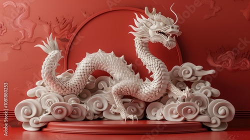 Wallpaper Mural White Chinese dragon statue with red background and clouds. Torontodigital.ca