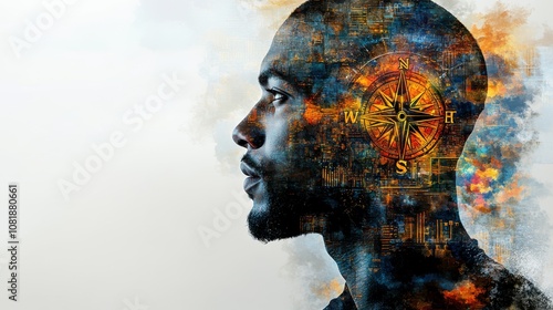 decision making, close up, focus on, copy space, vivid colors, double exposure silhouette with compass and road signs