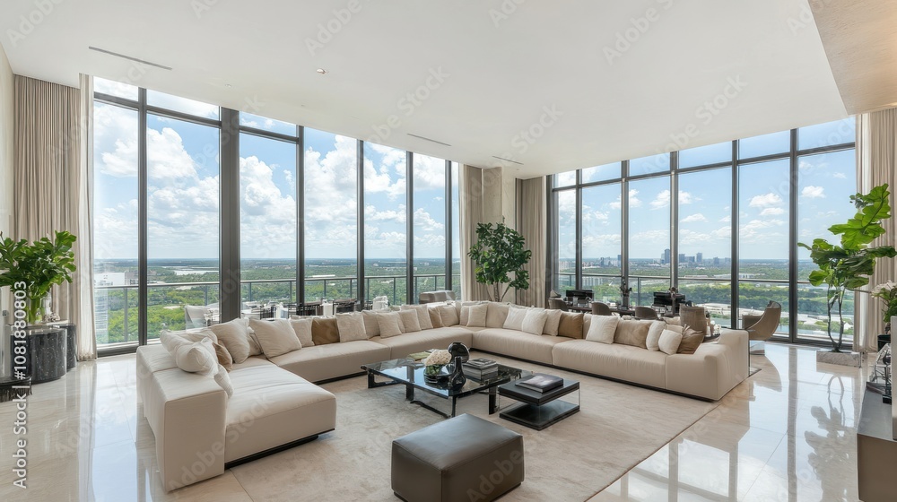 Modern Living Room with Floor-to-Ceiling Windows and City Skyline View Modern Living Room with Floor-to-Ceiling Windows and City Skyline View