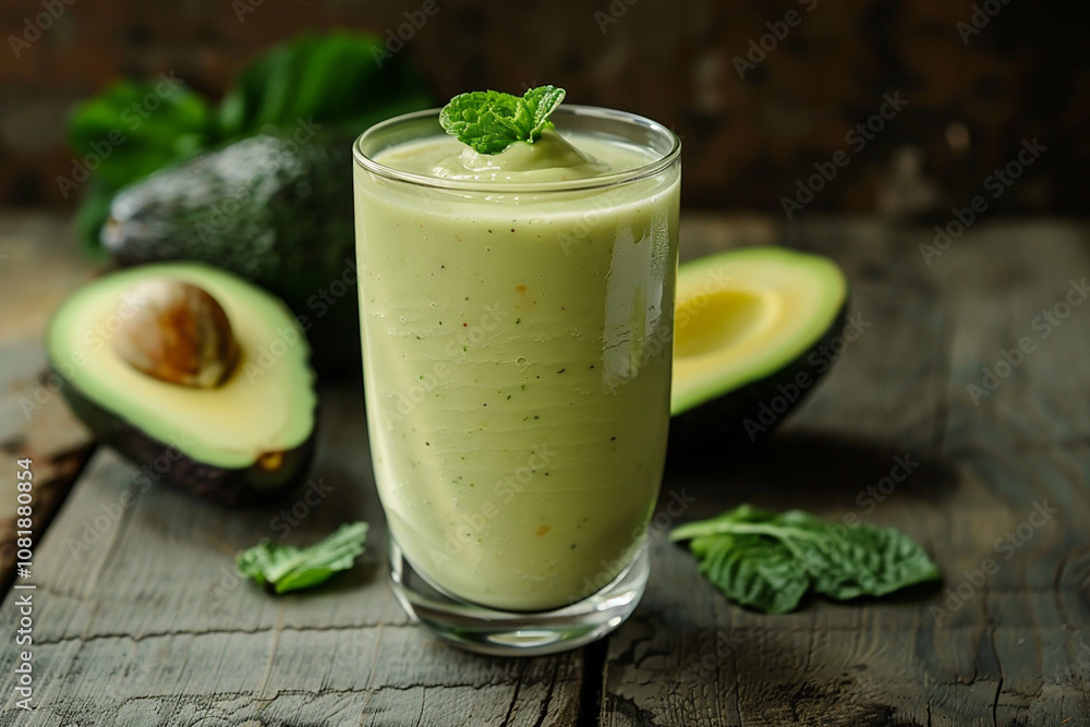 Avocado smoothie in glass with avocados pieces on wooden table generated.AI Avocado smoothie in glass with avocados pieces on wooden table generated.AI