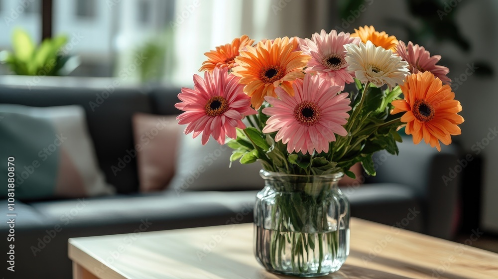 Bright and Colorful Flower Arrangement in a Glass Vase on a Wooden Table with Soft Couch and Natural Light Streaming Through Windows in a Cozy Living Room Bright and Colorful Flower Arrangement in a Glass Vase on a Wooden Table with Soft Couch and Natural Light Streaming Through Windows in a Cozy Living Room