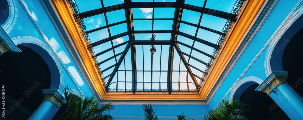 Elegant skylight featuring intricate traditional ironwork design, enhancing architectural beauty and natural light. Elegant skylight featuring intricate traditional ironwork design, enhancing architectural beauty and natural light.