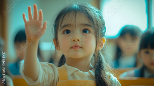 Young asian girl with ponytails raising hand in classroom, engaged in learning