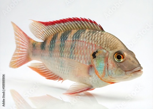 Exquisite Mozambique Tilapia (Oreochromis mossambicus) Showcased in a Pristine Studio Aquarium Against a Clean White Background, Highlighting Its Unique Features and Natural Beauty photo