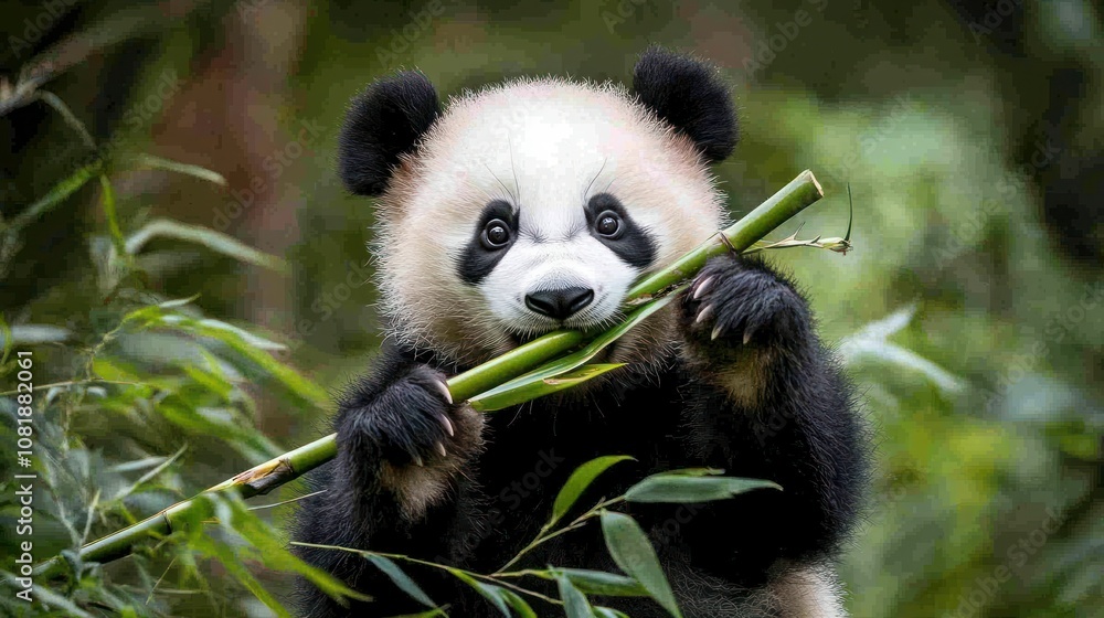 Obraz premium A Young Panda Cub Enjoying a Bamboo Snack in Lush Foliage