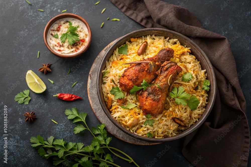 Exquisite Top View of Spicy Chicken Biryani in a Bowl Surrounded by Aromatic Ingredients and a Moody Background to Enhance the Dish's Rich Colors and Textures Exquisite Top View of Spicy Chicken Biryani in a Bowl Surrounded by Aromatic Ingredients and a Moody Background to Enhance the Dish's Rich Colors and Textures
