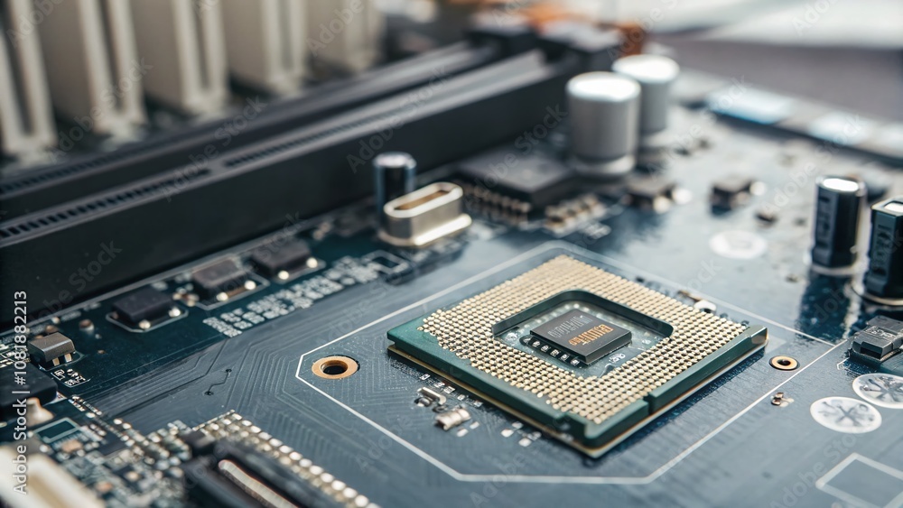 Extreme Close-Up of a Microprocessor on a Modern Desktop PC Motherboard Highlighting Electrical Components Shortage in Fashion Photography Style Extreme Close-Up of a Microprocessor on a Modern Desktop PC Motherboard Highlighting Electrical Components Shortage in Fashion Photography Style