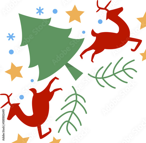 Flat Vector Christmas Foliage with Reindeer and Christmas Tree Corner Illustration