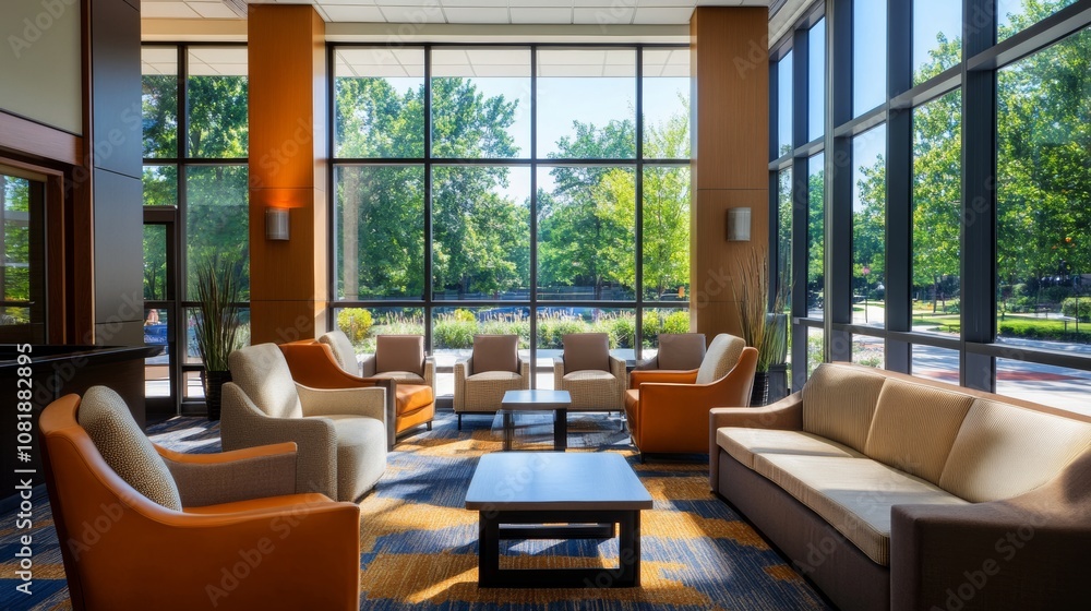 A modern meeting room featuring stylish design and comfortable seating, with natural light flowing through large windows A modern meeting room featuring stylish design and comfortable seating, with natural light flowing through large windows