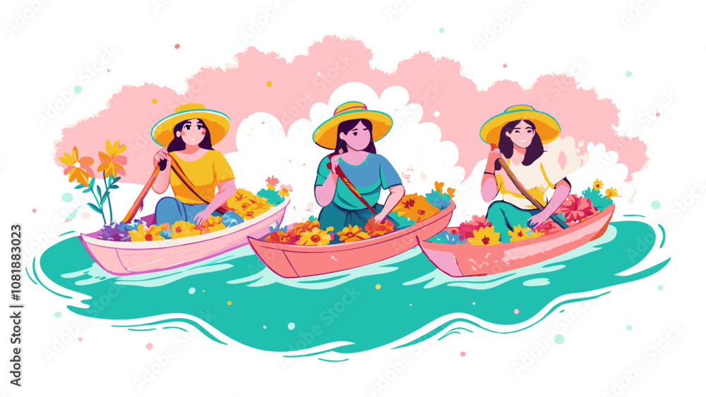 Serene Springtime Boating with Flower-filled Canoes Serene Springtime Boating with Flower-filled Canoes