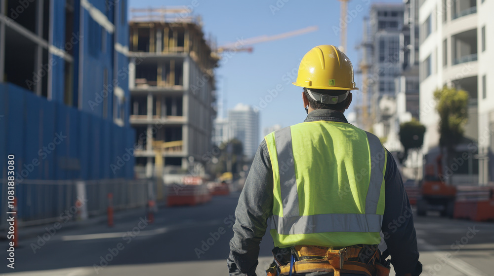 construction worker wearing yellow helmet and reflective vest stands on city street, observing ongoing construction of buildings. scene conveys sense of diligence and progress in urban development construction worker wearing yellow helmet and reflective vest stands on city street, observing ongoing construction of buildings. scene conveys sense of diligence and progress in urban development