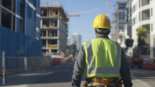 construction worker wearing yellow helmet and reflective vest stands on city street, observing ongoing construction of buildings. scene conveys sense of diligence and progress in urban development