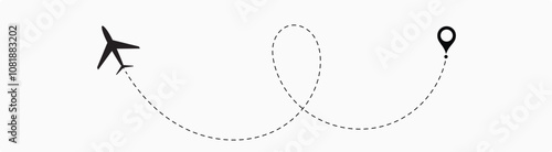  plane flight route. Airplane travel concept, symbol on isolated background.