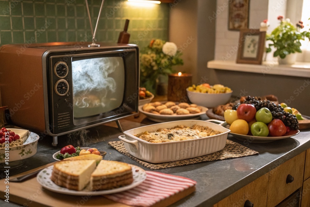 Food Photography Featuring Retro Old TV Surrounded by Delicious Dishes, Perfect for Nostalgic Culinary Themes and Unique Vintage Decor Style in Stock Images Food Photography Featuring Retro Old TV Surrounded by Delicious Dishes, Perfect for Nostalgic Culinary Themes and Unique Vintage Decor Style in Stock Images