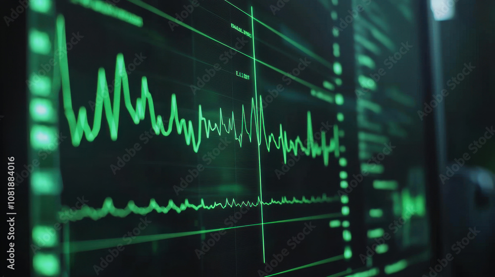 Fototapeta premium detailed close up of ECG line on digital monitor, showcasing intricate patterns of heart activity. vibrant green lines represent vital signs, emphasizing importance of monitoring health