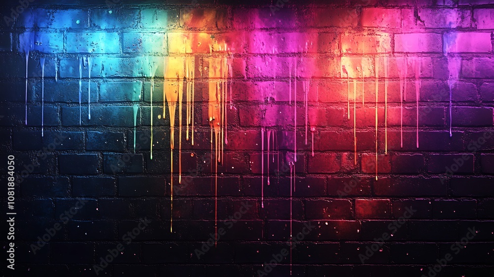 Vibrant rainbow-colored graffiti on a faded brick wall, neon paint and dripping effects, urban decay aesthetic, bold and dynamic, street art style, textured details, photorealistic capture, Vibrant rainbow-colored graffiti on a faded brick wall, neon paint and dripping effects, urban decay aesthetic, bold and dynamic, street art style, textured details, photorealistic capture,