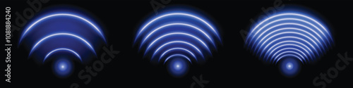 Blue glowing signal sensor, sonar waves. Wi-Fi light effect vector illustration