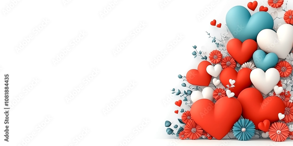 A bunch of hearts in different colors and sizes are arranged in a flowery pattern. Concept of love and affection, as the hearts are often associated with romantic relationships A bunch of hearts in different colors and sizes are arranged in a flowery pattern. Concept of love and affection, as the hearts are often associated with romantic relationships