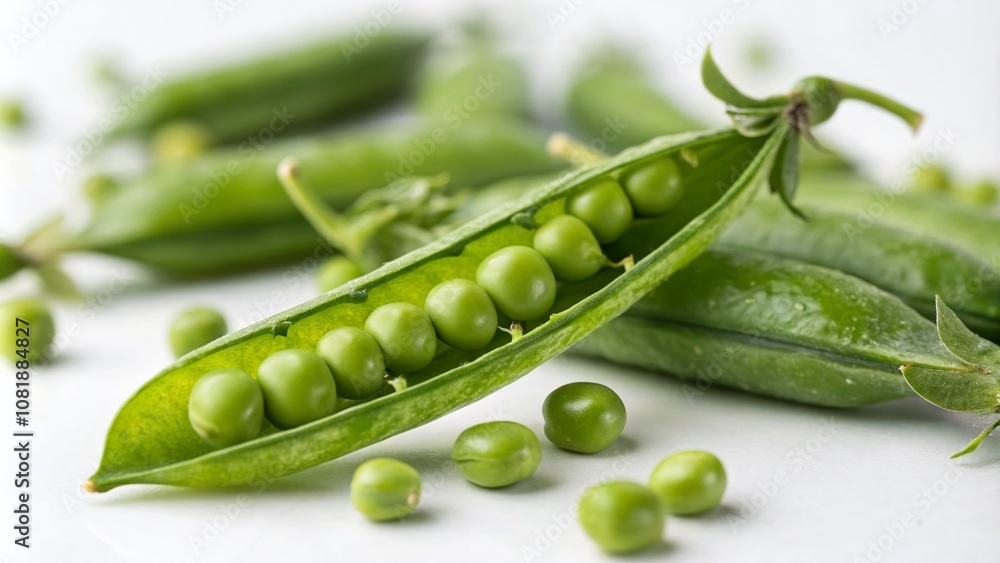 Fresh Green Peas and Pods Isolated on White Background for Culinary, Health, and Nutrition Concepts in Stock Photography Fresh Green Peas and Pods Isolated on White Background for Culinary, Health, and Nutrition Concepts in Stock Photography