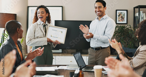 Canvastavla Office, woman and man with clapping hands at award ceremony for achievement, success and well done
