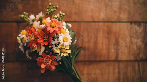 A bouquet of mixed flowers—orange, coral, yellow, and white—rests on a wooden surface.