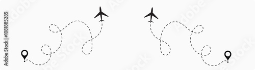  plane flight route. Airplane travel concept, symbol on isolated background.