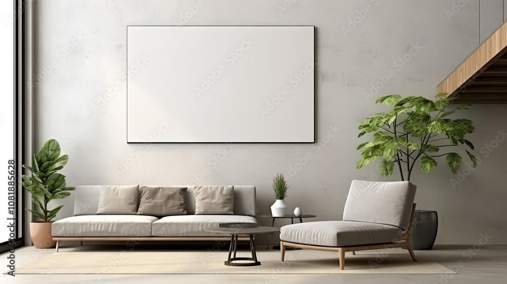Minimalist interior with blank empty poster on wall, clean and elegant