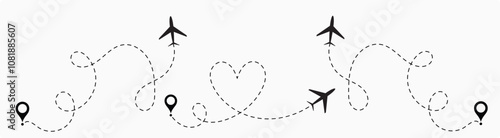  plane flight route. Airplane travel concept, symbol on isolated background.