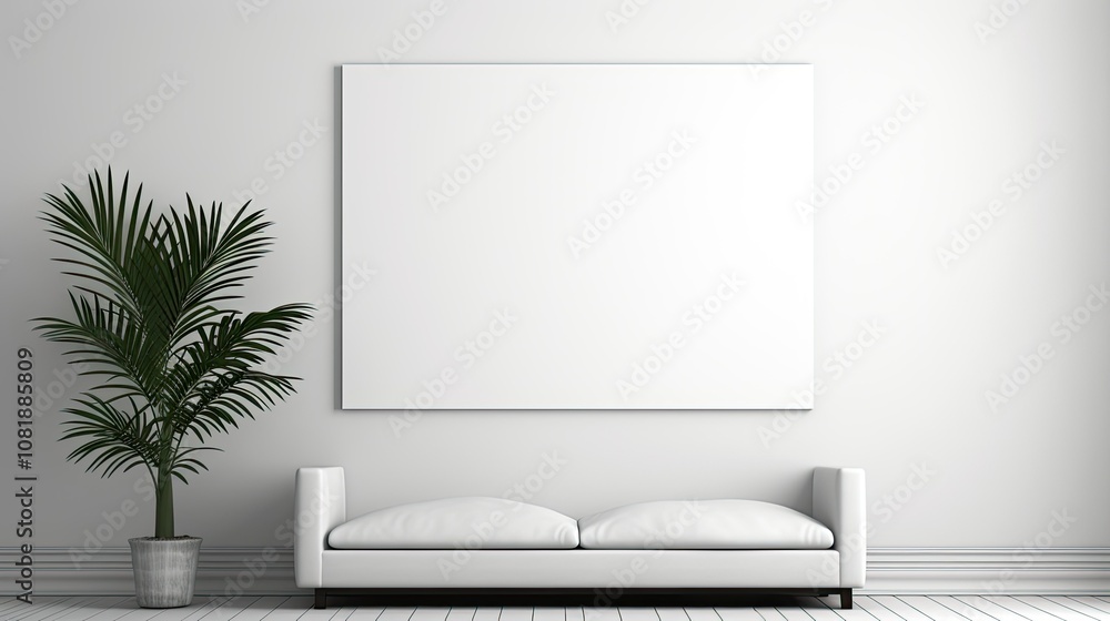 Minimalist interior with blank empty poster on wall, clean and elegant Minimalist interior with blank empty poster on wall, clean and elegant