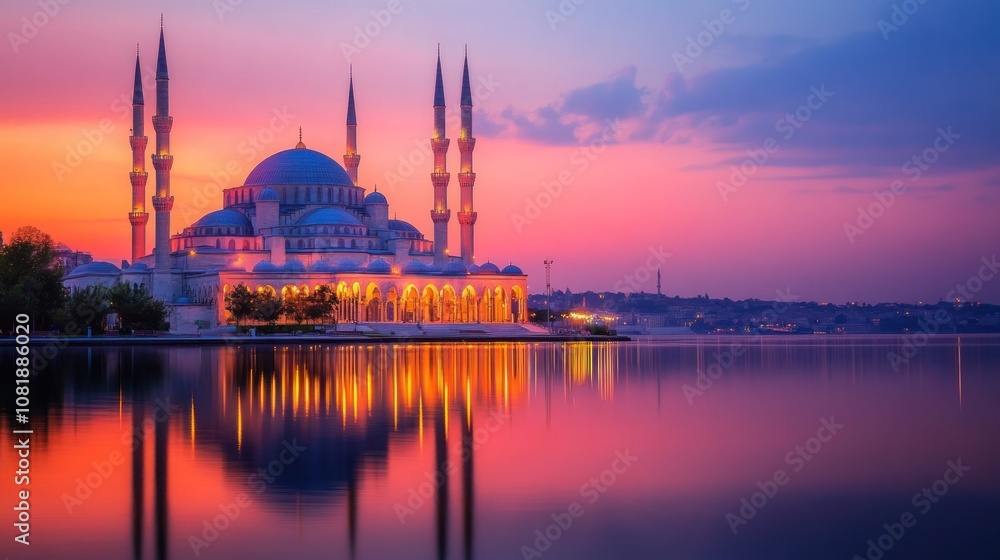 Obraz premium A majestic mosque with minarets stands on the waterfront, bathed in the warm glow of a vibrant sunrise. The reflection of the mosque in the still water adds a sense of peace and serenity to the scene.
