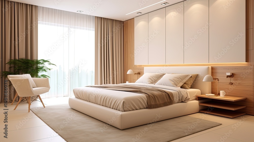Minimalist interior design of modern bedroom with beige stucco wall Minimalist interior design of modern bedroom with beige stucco wall