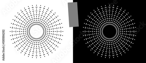 Halftone circles with rectangles. Abstract creative background or icon, logo, tattoo. Black shape on a white background and the same white shape on the black side.