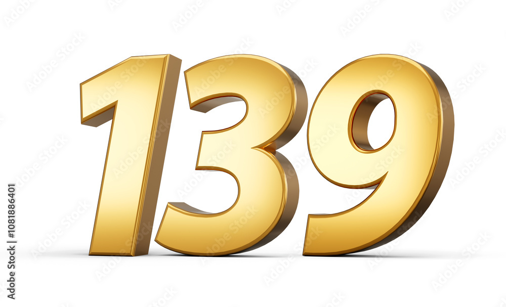 3d number 139 one hundred thirty nine Gold text isolated on white background with reflection 3d illustration 3d number 139 one hundred thirty nine Gold text isolated on white background with reflection 3d illustration