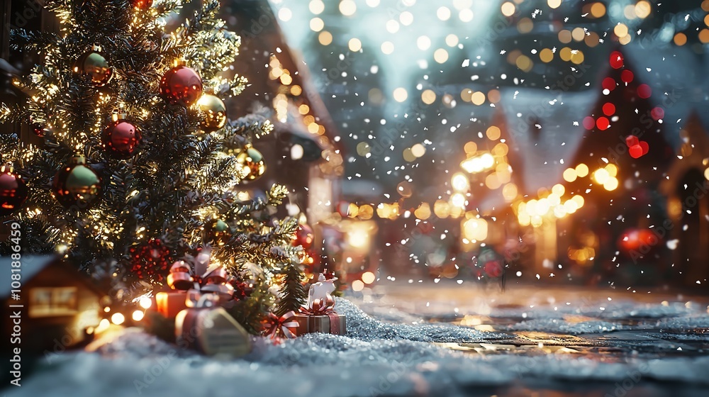 Christmas Holiday Background with Snow, Fir Tree, and Decorations Christmas Holiday Background with Snow, Fir Tree, and Decorations
