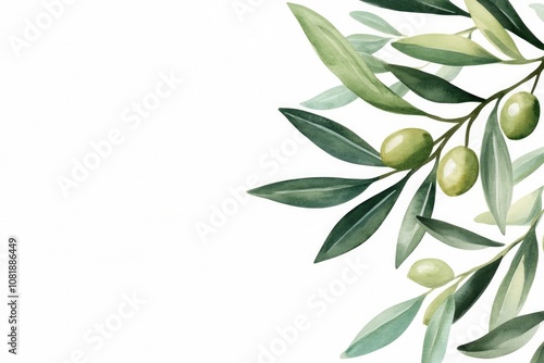 Olive branches with green olives and delicate leaves in a watercolor style on a clean white background, symbolizing Mediterranean freshness and organic appeal.