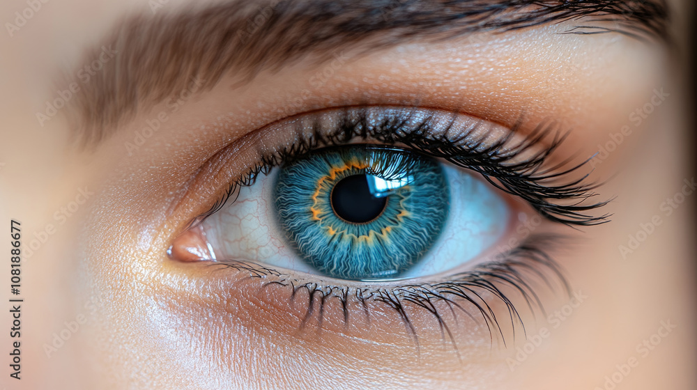 Obraz premium A stunning close-up reveals a blue eye, highlighting intricate iris patterns and long eyelashes, reflecting natural beauty and vivid color