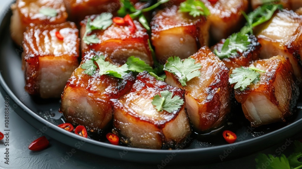 Delicious Asian Cuisine Dish of Crispy Pork Belly Garnished with Fresh Herbs and Red Chilies Presenting a Mouthwatering Culinary Experience Delicious Asian Cuisine Dish of Crispy Pork Belly Garnished with Fresh Herbs and Red Chilies Presenting a Mouthwatering Culinary Experience