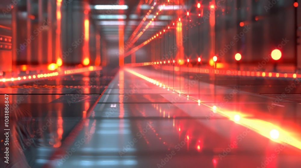 A futuristic corridor with red lights and a shiny floor. A futuristic corridor with red lights and a shiny floor.