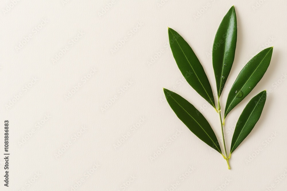 Fototapeta premium Minimalist composition of fresh green olive leaves with water droplets on a soft, neutral background, symbolizing natural Mediterranean purity and elegance..