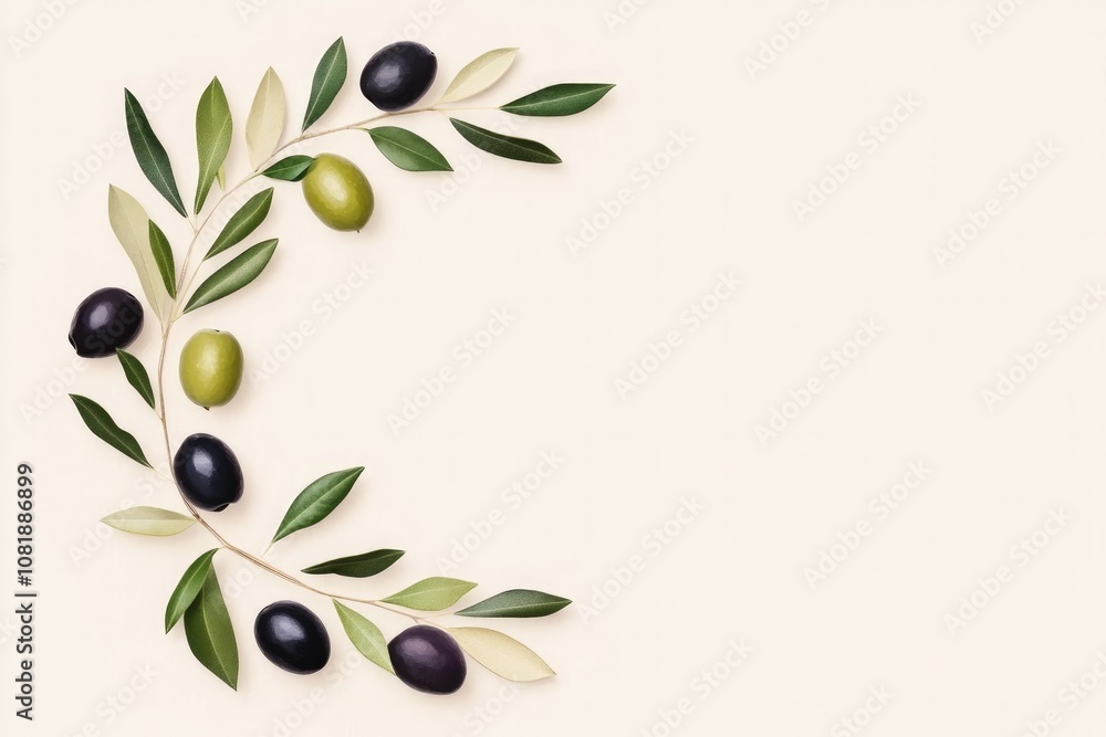 Crescent arrangement of black and green olives with olive leaves on a neutral background, highlighting Mediterranean charm and simplicity. Crescent arrangement of black and green olives with olive leaves on a neutral background, highlighting Mediterranean charm and simplicity.
