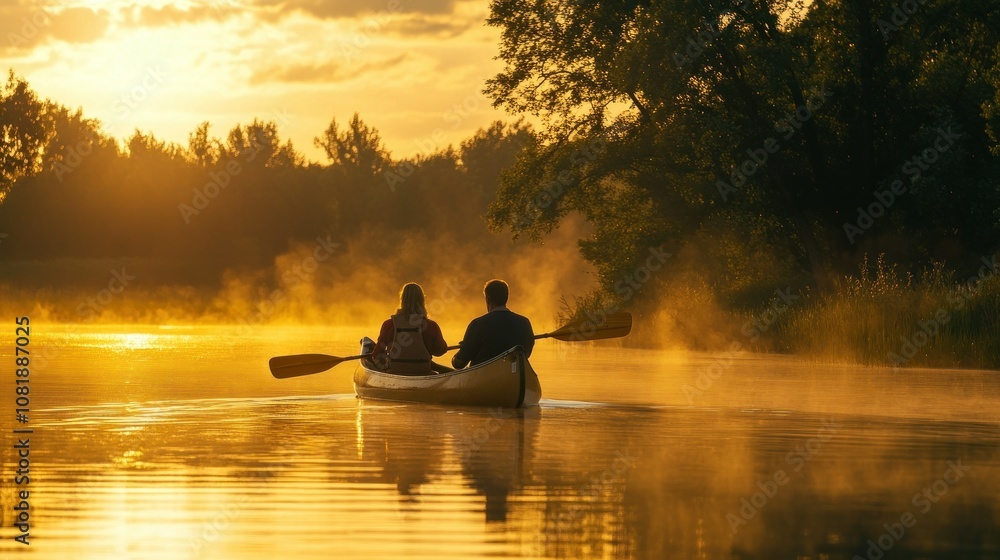 A Couple Canoeing on a Misty River at Sunrise A Couple Canoeing on a Misty River at Sunrise