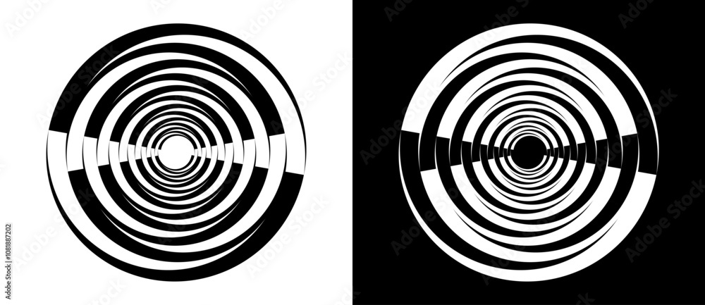Abstract background with lines in circle. Art design spiral as logo or icon. A black figure on a white background and an equally white figure on the black side. Abstract background with lines in circle. Art design spiral as logo or icon. A black figure on a white background and an equally white figure on the black side.